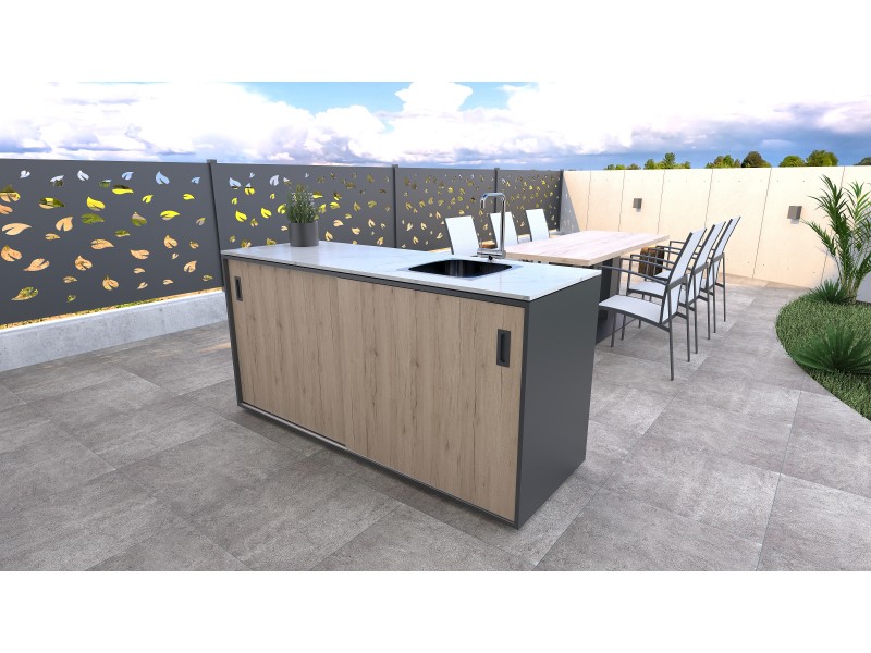 Modularna letna kuhinja -  Element s pomivalnim koritom na desni strani, lesni dekor - hrast rustik