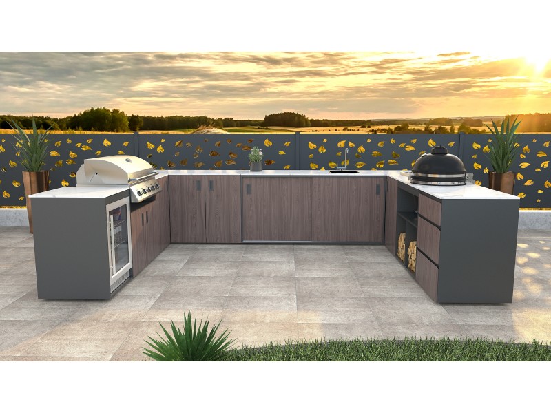 Modularna letna kuhinja - Element s pomivalnim koritom na desni strani, lesni dekor - ameriški oreh