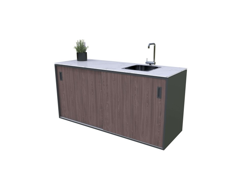 Modularna letna kuhinja - Element s pomivalnim koritom na desni strani, lesni dekor - ameriški oreh