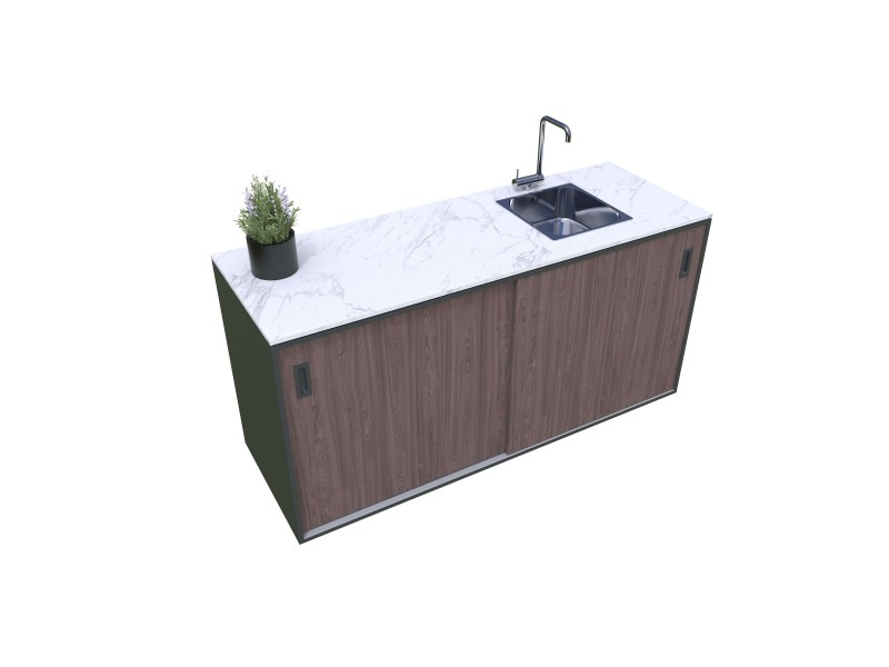 Modularna letna kuhinja - Element s pomivalnim koritom na desni strani, lesni dekor - ameriški oreh