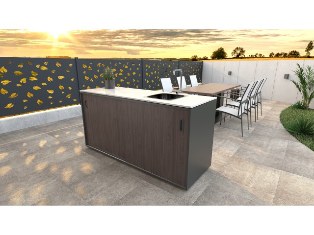 Modularna letna kuhinja - Element s pomivalnim koritom na desni strani, lesni dekor - ameriški oreh