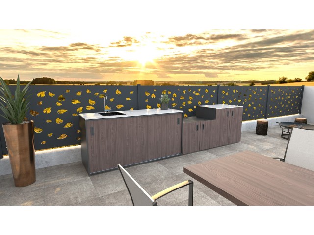Modularna letna kuhinja - Element z vrati, lesni dekor - ameriški oreh